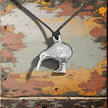 Kiwi Bird Pendant Necklace, Handcast Pewter on Adjustable Waxed Cord