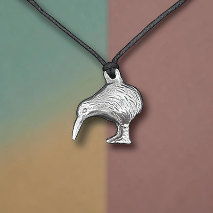 Kiwi Bird Pendant Necklace, Handcast Pewter on Adjustable Waxed Cord