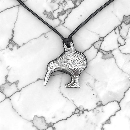 Kiwi Bird Pendant Necklace, Handcast Pewter on Adjustable Waxed Cord