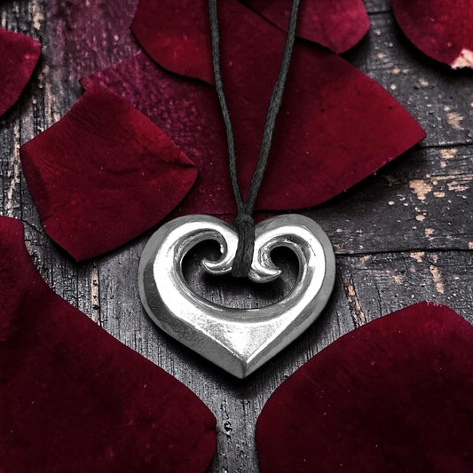 Koru Heart Pendant Necklace, Solid Heart Design with Spiral Detail, Handcast Pewter on Adjustable Cord