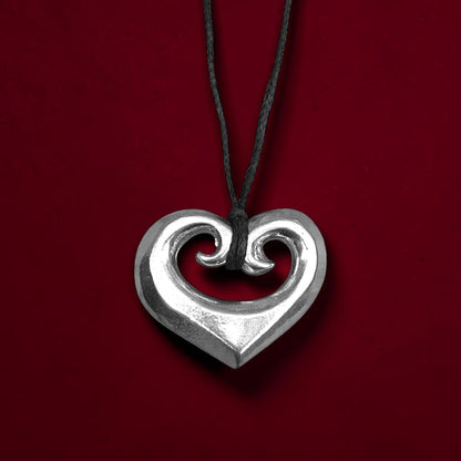 Koru Heart Pendant Necklace, Solid Heart Design with Spiral Detail, Handcast Pewter on Adjustable Cord