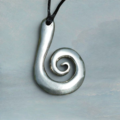 Koru Spiral Pendant Necklace, Larger Design, Handcast Pewter on Adjustable Waxed Cord
