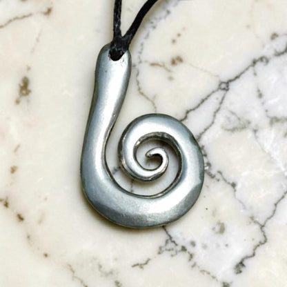 Koru Spiral Pendant Necklace, Larger Design, Handcast Pewter on Adjustable Waxed Cord
