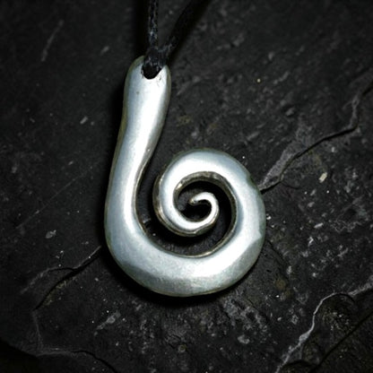 Koru Spiral Pendant Necklace, Larger Design, Handcast Pewter on Adjustable Waxed Cord