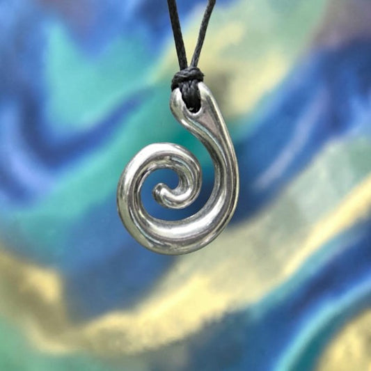 Koru Spiral Pendant Necklace, Smaller Design, Handcast Pewter on Adjustable Waxed Cord