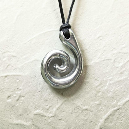 Koru Spiral Pendant Necklace, Smaller Design, Handcast Pewter on Adjustable Waxed Cord