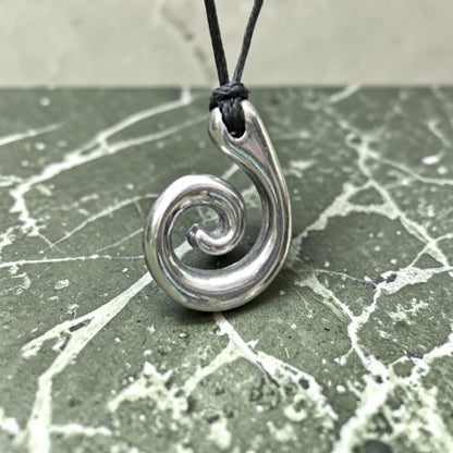 Koru Spiral Pendant Necklace, Smaller Design, Handcast Pewter on Adjustable Waxed Cord