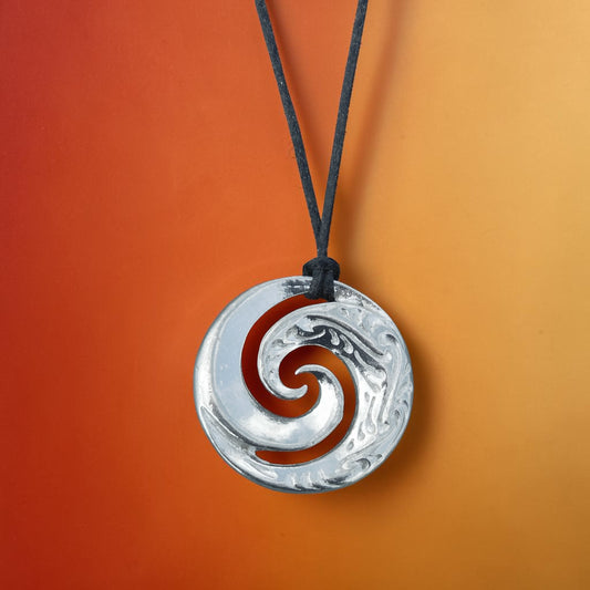 Koru Wave Spiral Pendant Necklace, Handcast Pewter Pendant on Adjustable Waxed Cord