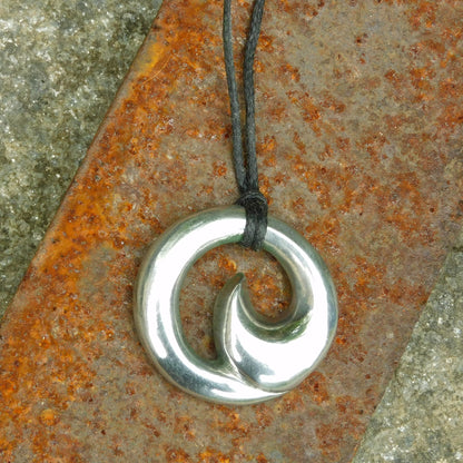 Maori Wave Pendant Necklace (Large), Handcast Pewter Pendant on Adjustable Waxed Cord