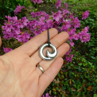 Maori Wave Pendant Necklace (Large), Handcast Pewter Pendant on Adjustable Waxed Cord