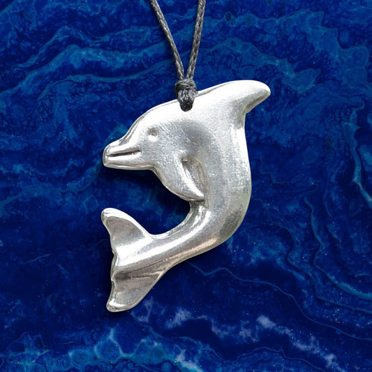 Leaping Dolphin Pendant Necklace, Handcast Pewter Pendant on Adjustable Waxed Cord