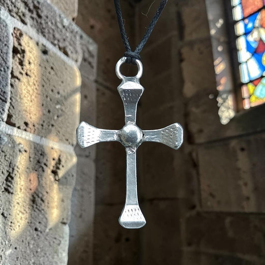 Horseshoe Nail Cross Pendant, Handcast Pewter Rustic Cross Necklace on Adjustable Cord