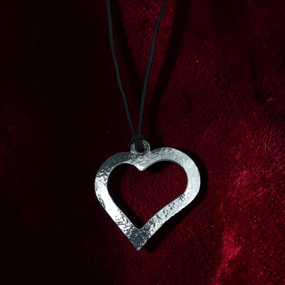 Open Heart Pendant Necklace, (Hammered Design), Handcast Pewter on Adjustable Waxed Cord