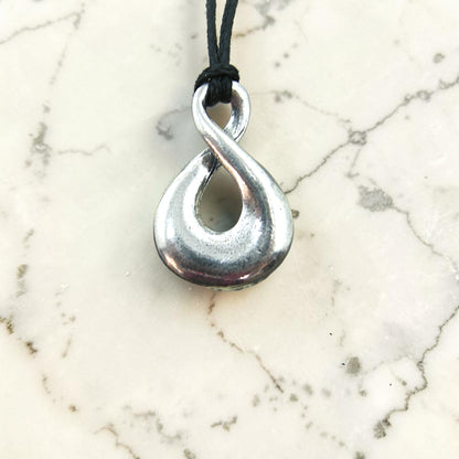 Infinity Loop Pendant Necklace (Open Twist Design), Handcast Pewter Pendant on Adjustable Waxed Cord