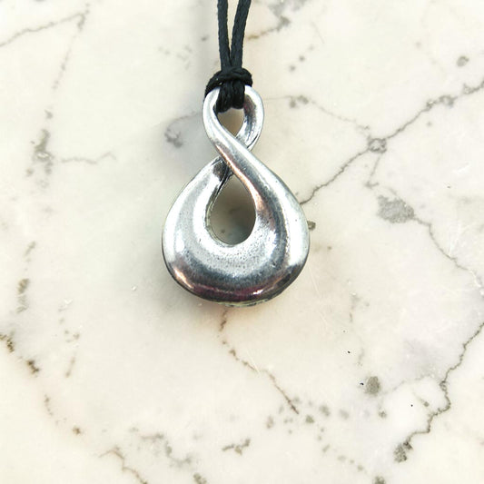 Infinity Loop Pendant Necklace (Open Twist Design), Handcast Pewter Pendant on Adjustable Waxed Cord