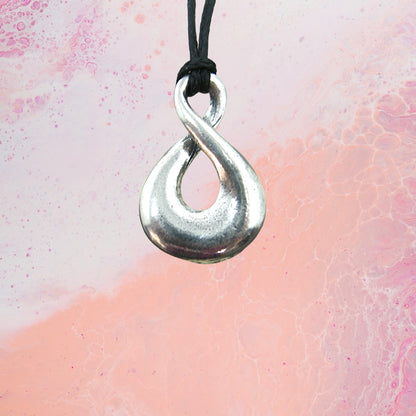 Infinity Loop Pendant Necklace (Open Twist Design), Handcast Pewter Pendant on Adjustable Waxed Cord