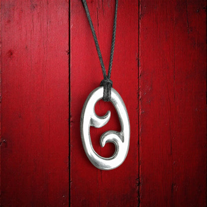 Koru Pendant Necklace (Oval Design), Maori-Inspired Handcast Pewter Pendant on Adjustable Waxed Cord