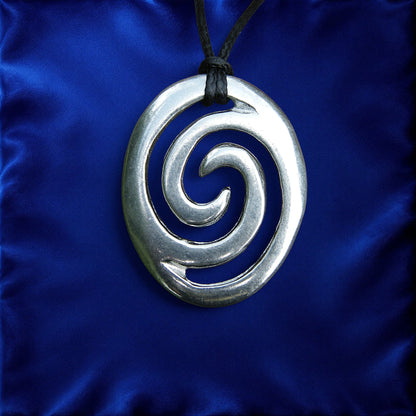 Oval Wave Pendant Necklace, Handcast Pewter on Adjustable Waxed Cord