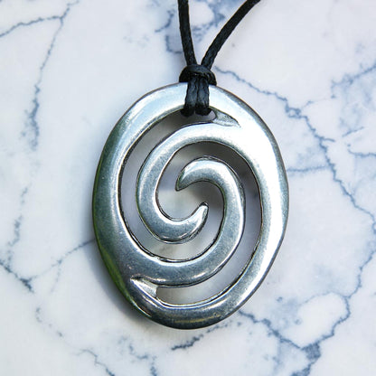 Oval Wave Pendant Necklace, Handcast Pewter on Adjustable Waxed Cord