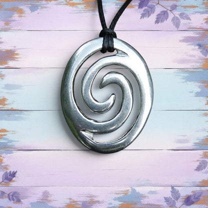 Oval Wave Pendant Necklace, Handcast Pewter on Adjustable Waxed Cord