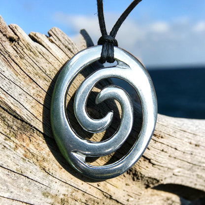 Oval Wave Pendant Necklace, Handcast Pewter on Adjustable Waxed Cord