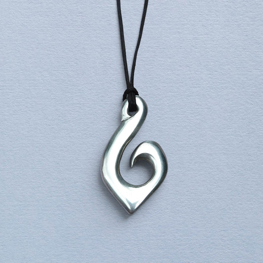 Maori Fish Hook Pendant Necklace (Pointed Design), Handcast Pewter Pendant on Adjustable Waxed Cord
