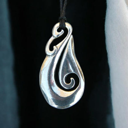 Fish Hook Pendant Necklace (Simple Curved Design), Maori-Inspired Handcast Pewter Pendant on Adjustable Waxed Cord