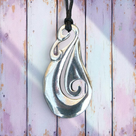 Fish Hook Pendant Necklace (Simple Curved Design), Maori-Inspired Handcast Pewter Pendant on Adjustable Waxed Cord