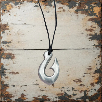 Maori Fish Hook Pendant Necklace (Small), Handcast Pewter Pendant on Adjustable Waxed Cord