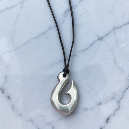 Maori Fish Hook Pendant Necklace (Small), Handcast Pewter Pendant on Adjustable Waxed Cord