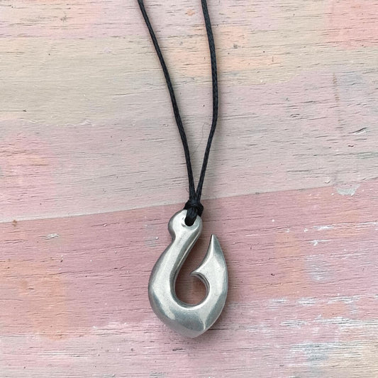 Maori Fish Hook Pendant Necklace (Small), Handcast Pewter Pendant on Adjustable Waxed Cord