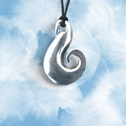 Koru Drop Pendant Necklace, Handcast Pewter on Adjustable Waxed Cord