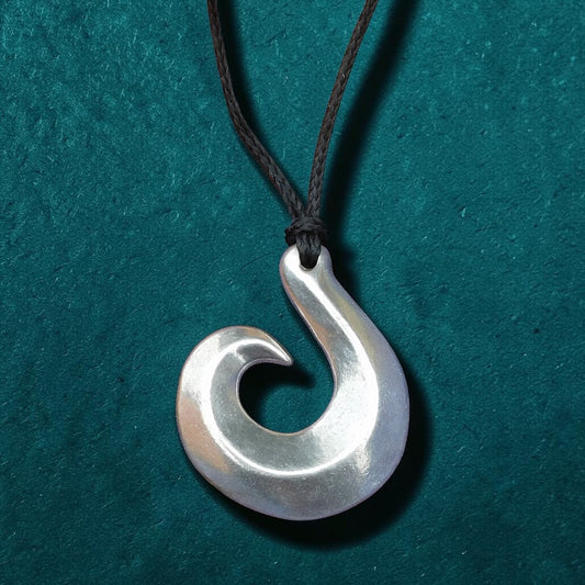 Fish Hook Pendant Necklace (Spiral Design), Maori-Inspired Handcast Pewter Pendant on Adjustable Waxed Cord
