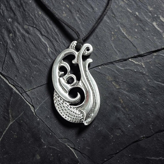 Engraved Manaia Pendant Necklace, Handcast Pewter Pendant on Adjustable Waxed Cord