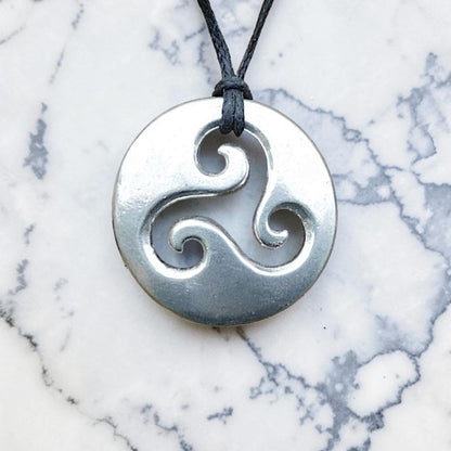 Triskele Pendant Necklace (Round), Handcast Pewter on Adjustable Waxed Cord