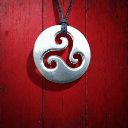 Triskele Pendant Necklace (Round), Handcast Pewter on Adjustable Waxed Cord