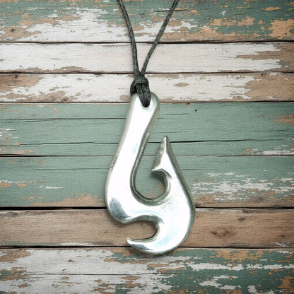 Maori Fish Hook Pendant Necklace (Axe Design), Handcast Pewter Pendant on Adjustable Waxed Cord