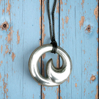Maori Wave Pendant Necklace (Large), Handcast Pewter Pendant on Adjustable Waxed Cord