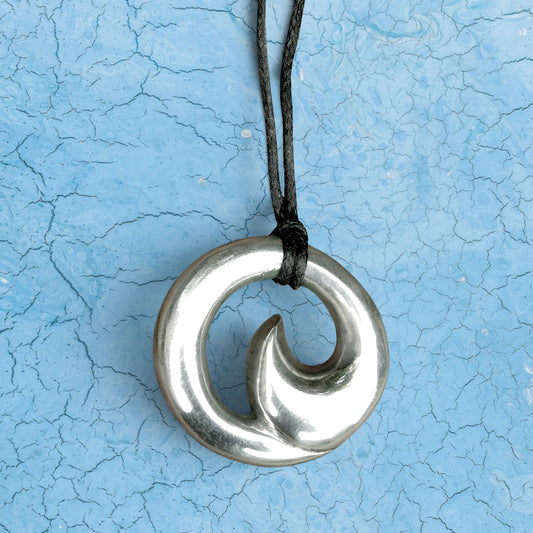 Maori Wave Pendant Necklace (Large), Handcast Pewter Pendant on Adjustable Waxed Cord
