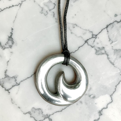 Maori Wave Pendant Necklace (Large), Handcast Pewter Pendant on Adjustable Waxed Cord