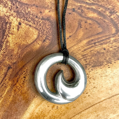 Maori Wave Pendant Necklace (Large), Handcast Pewter Pendant on Adjustable Waxed Cord