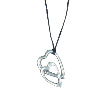 Double Heart Pendant Necklace, Handcast Pewter on Adjustable Waxed Cord