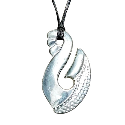 Maori Fish Hook Pendant Necklace (Textured Design), Handcast Pewter Pendant on Adjustable Waxed Cord