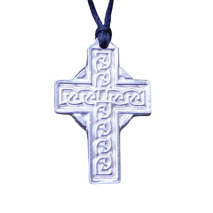 Celtic Cross Pendant Necklace (Knotwork Design), Handcast Pewter Pendant on Adjustable Waxed Cord