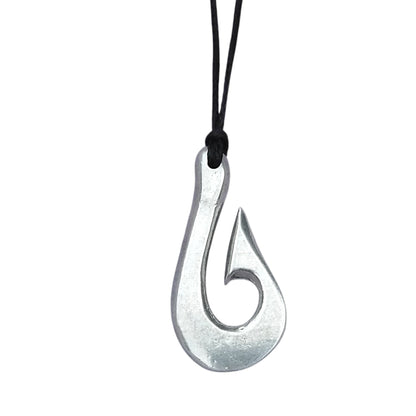 Maori Fish Hook Pendant Necklace (Minimalist Design), Handcast Pewter Pendant on Adjustable Waxed Cord