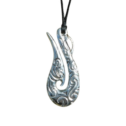 Engraved Fish Hook Pendant Necklace (Carved Design), Maori-Inspired Handcast Pewter Pendant on Adjustable Waxed Cord