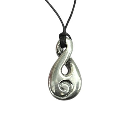 Infinity Loop Pendant Necklace with Koru Spiral, Handcast Pewter Pendant on Adjustable Waxed Cord