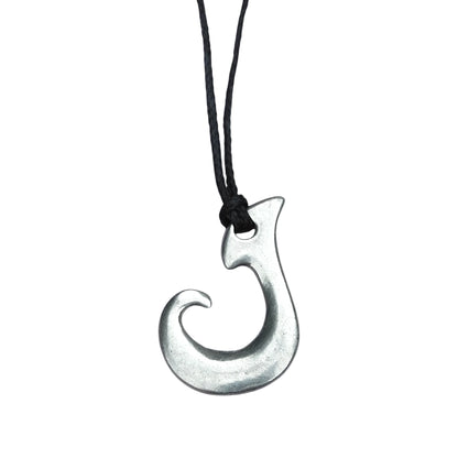 Maori Fish Hook Pendant Necklace (J Design), Handcast Pewter Pendant on Adjustable Waxed Cord
