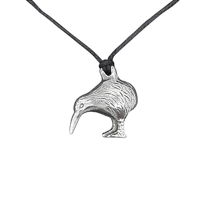 Kiwi Bird Pendant Necklace, Handcast Pewter on Adjustable Waxed Cord