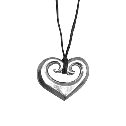 Koru Heart Pendant Necklace, Solid Heart Design with Spiral Detail, Handcast Pewter on Adjustable Cord